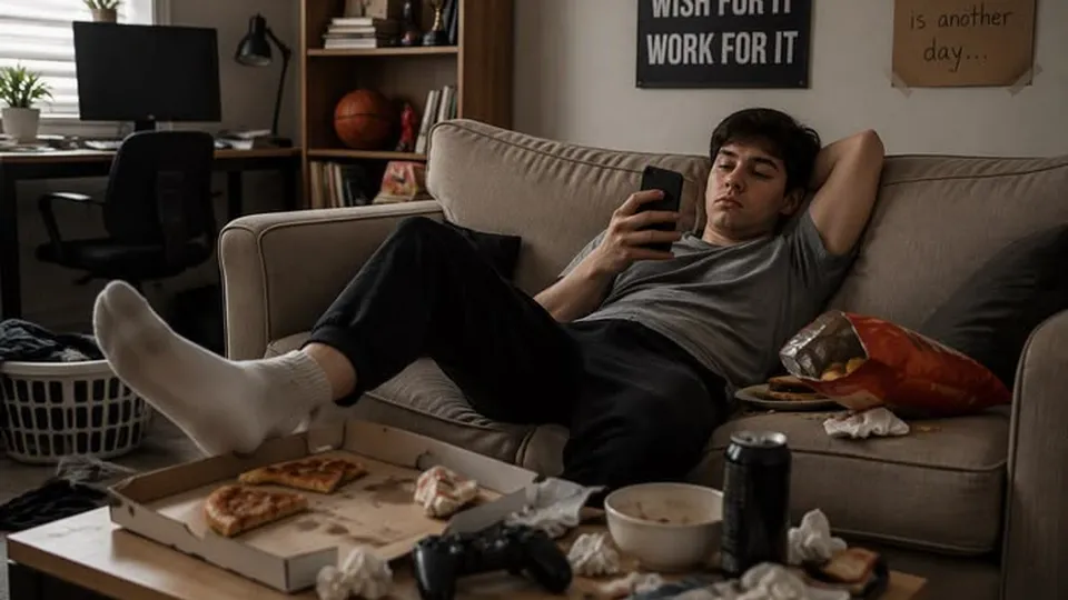 On the couch in a mess, scrolling