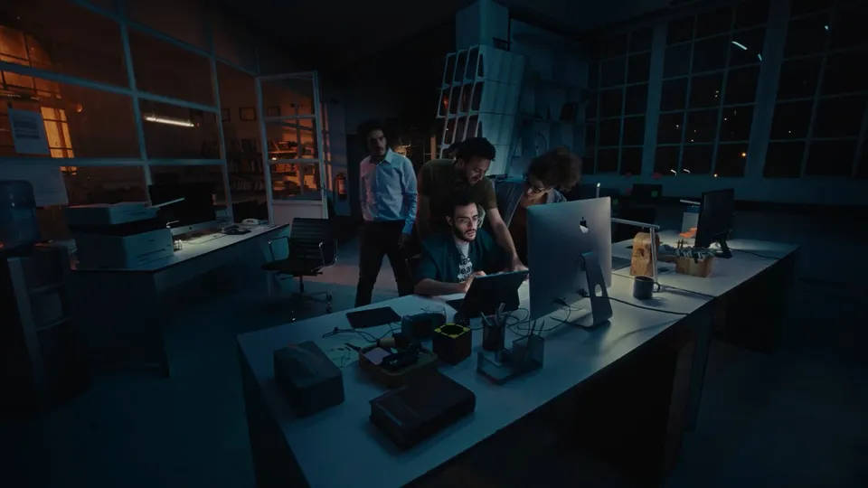 Wide of a dark room, people in the background